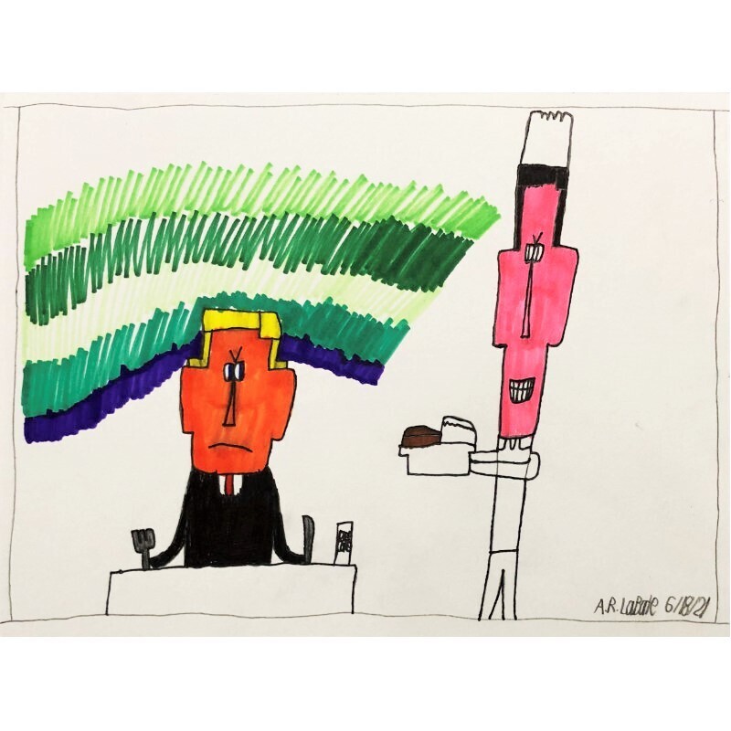 Trump is drawn with an angry face &amp; black suit seated with a fork &amp; knife. A waiter is smiling and bringing a food plate.