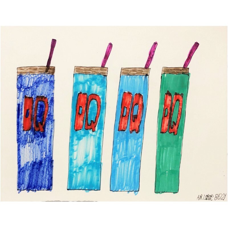 Four beverage cups with the red letters DQ. They are dark blue, turquoise, light blue, and green &amp; brown lids &amp; purple straws