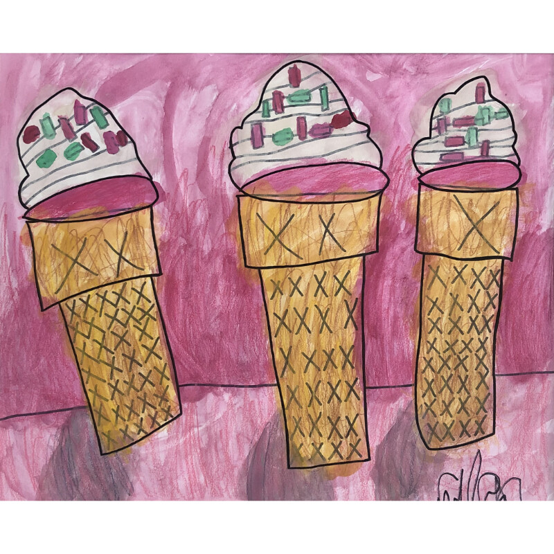 Three identical ice cream cones fill the center of the frame. They have white vanilla ice cream for the base, green and reddish-pink sprinkles, and tan waffle cones that feature a stylized, repeating “X” pattern. The ice cream cones are standing on top of a pink foreground, with a matching pink color for the background.