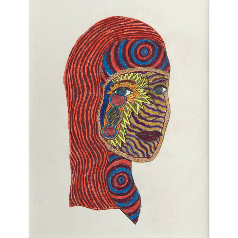 A portrait of an abstractly rendered face floats in center frame, turning her head to look directly at the viewer. The subject&#39;s hair is rendered in waving, repeating stripes of dark and light red, with a wide band of blue and red concentric circles towards the forehead. The blue and red concentric circles are repeated to fill in the shape of the subject&#39;s neck. She has blue eyes, dark red lips, and unique patterns throughout her face that contrast the more uniform linework in her hair. Over her left eye, bright yellow spiking lines radiate outwards and trail down the subject&#39;s cheek, with more concentric shapes of leaves, circles, and diamonds in various colors framed within the spiking lines. Filling in the rest of her face, waving lines of purple, blue, and gold emanate horizontally. 