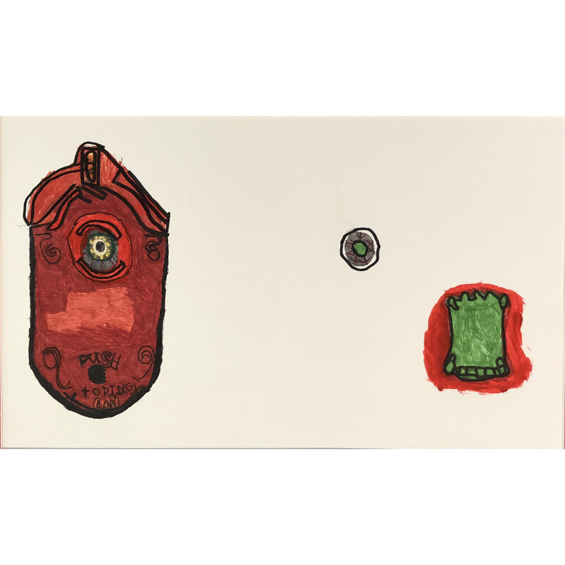 Push to Ring depicts a red plated doorbell and a green and red mouth beside it. The red doorbell is adorned with swirls and a fancy trim at the top of the bell. In the center is a glowing golden-yellow eye. At the bottom of the doorbell is a black button that says, &quot;Push to Ring.&quot; Besides the doorbell, is a grey and green button with red ruins around the green center. The button hovers above a green mouth with sharp teeth and red lips. 