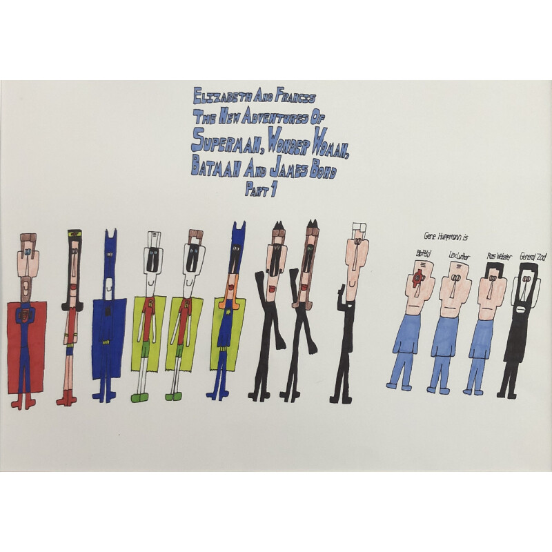 9 superheros are posed next to 3 blue shirted &amp; 1 black shirted man. &quot;New Adventures of Superman,  Wonder Woman, Batman...&quot;