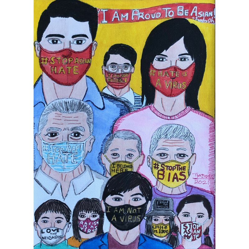 11 different faces collaged onto a yellow background with a red banner saying &quot; I am proud to be Asian&quot;-Sandra Oh.  The faces are of various sizes and they are wearing face masks of various colors  with  positive messages &quot;Stop Asian Hate&quot;; &quot; I am not a Virus&quot;; &quot;Love thy neighbor&quot;