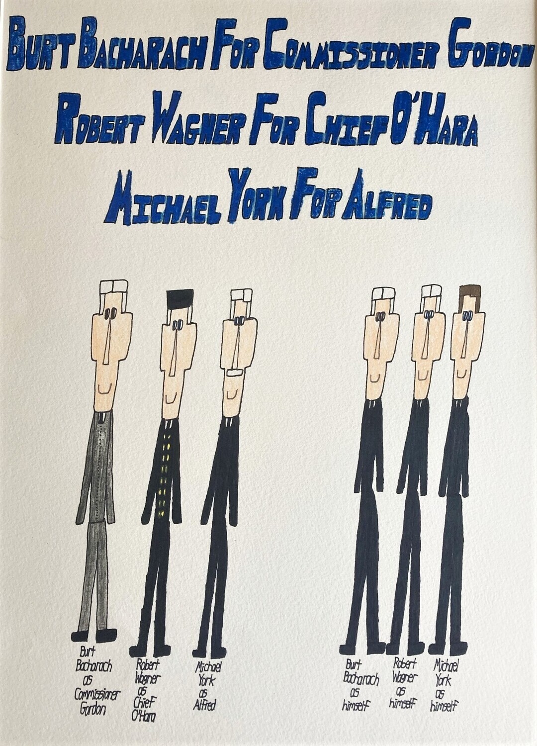 6 men in black suits and 1 grey suit are standing next to each other smiling. 1 has a white mustache, another has brown hair.