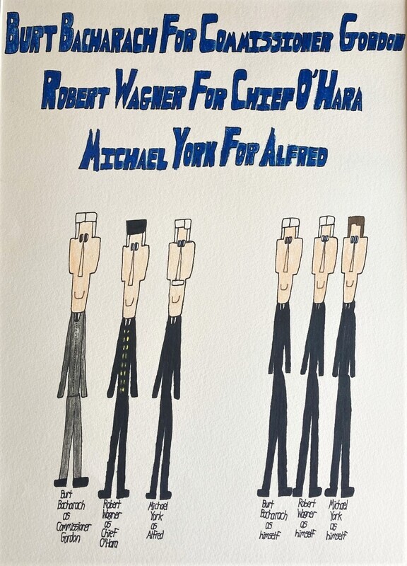 Burt Bacharach as Commissioner Gordon 6 men in black suits and 1 grey suit are standing next to each other smiling. 1 has a white mustache, another has brown hair.