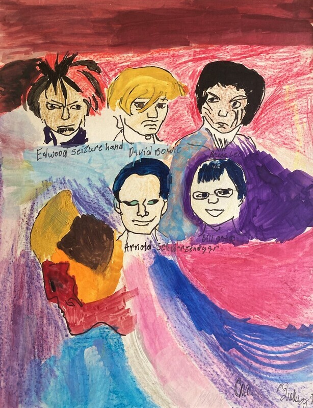 Five celebrity faces float over a multi-colored background blocked in hues comprising of reds, blues, purples, pinks, oranges, and hints of yellow. The celebrity faces are centered in the composition in horizontal rows of two, with three faces on the top row and two faces on the second row. From left to right, top to bottom, the celebrity faces include Edward Scissorhands, David Bowie, Bruce Lee, Arnold Schwarzenegger, and Bill Gates. To the left of Arnold Schwarzenegger, an abstract floating side profile colored in red, orange, and brown looks to the edge of the frame.