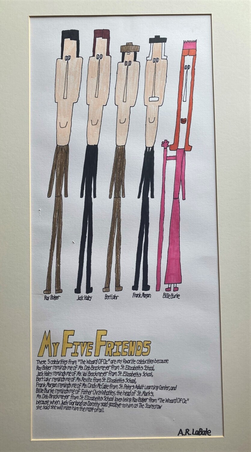 Drawing of 4 men smiling with brown and black clothes. A red haired woman is to their right with a long pink dress and wand.