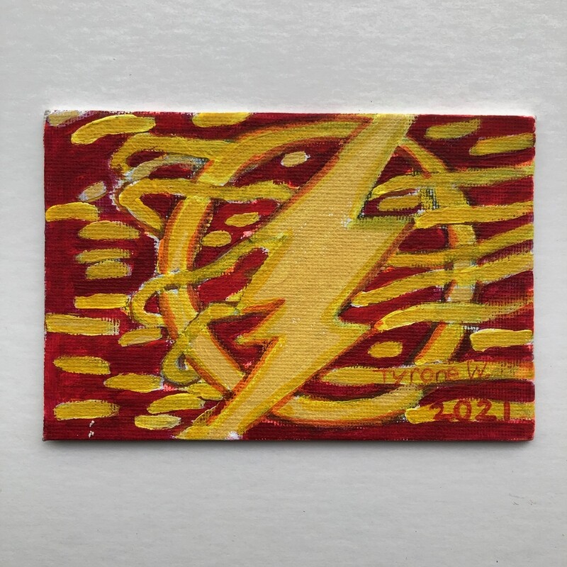 Captain Marvel depicts the golden symbol of superhero Captain Marvel. The symbol is a circle with a red lightning bolt angled through the center. Surrounding the symbol are dynamic horizontal golden lines, mimicking lightning. The background is a vibrant red. The piece is signed Tyrone 2021.