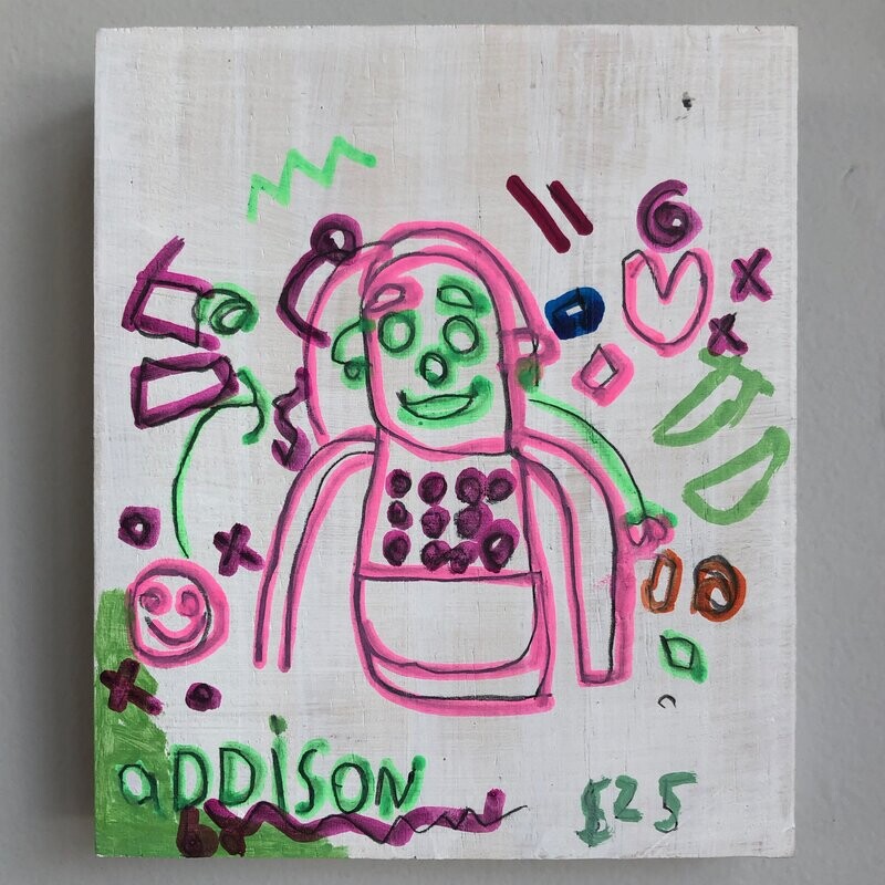 Small wooden white block with an image of a pink outline of robot torso.  He is surrounded by pink and green shapes and squiggles.  The name Addison is written in green in the corner.