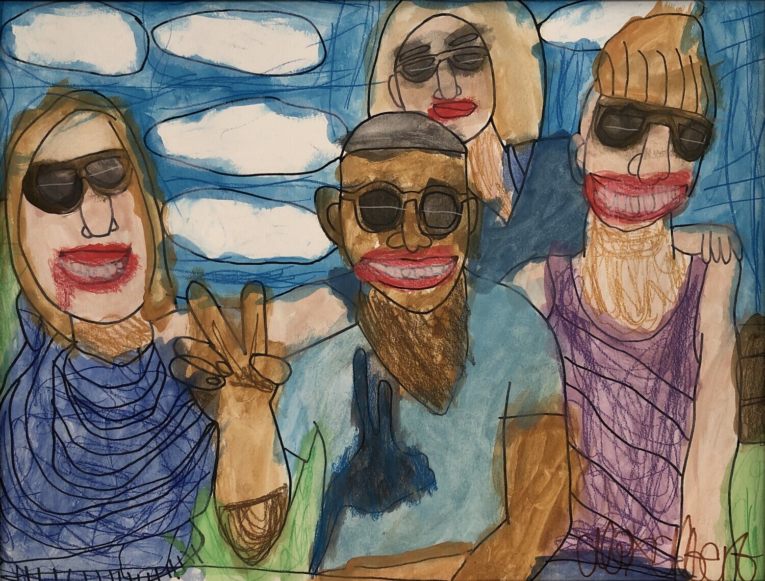 Over a background of a blue sky with a repeating pattern of white clouds, four people wearing sunglasses fill the frame while looking directly at the viewer and posing. The woman at the very left of the frame has straight blonde hair and a blue shirt. In the center of the frame, a man with short gray hair and a light blue t-shirt holds a peace sign up to the viewer. At the very right of the frame is a woman with blonde bangs and a purple tank top. Between the man in the center and the woman on the right, another woman with light blonde hair and a navy t-shirt poses behind the front row of people, holding her arm onto the first woman on the left. While the front row of three people are all smiling, the woman at the back is not.