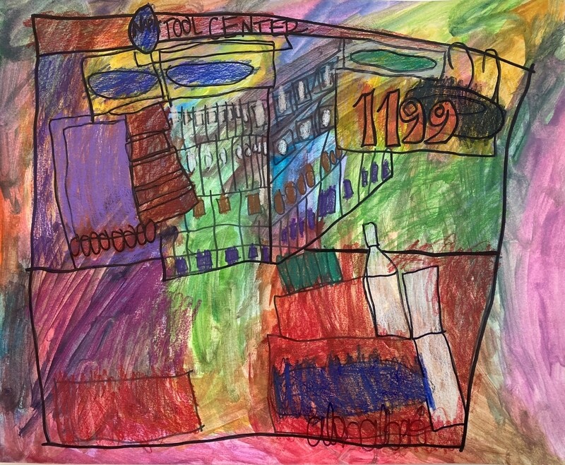 A multicolored scene of a building labeled “Napa Tool Center” with a sign that reads “1199” on the upper right side of the building. The building is colored in blocks of yellow, blue, purple, brown, green, and red. A display of bottles and plants sits on the right lower side of the building, and the background is a gradient mix of rainbow colors.