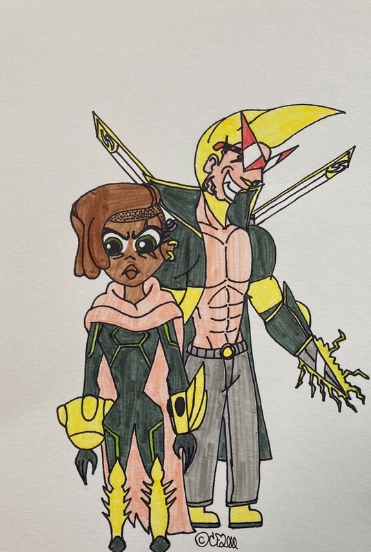 Two characters stand side-by-side in center frame over a white paper background. The character on the left is shorter and has an undercut with dark brown hair, round green eyes, and a futuristic tech suit in dark green with yellow accents. They are also wearing a long, salmon-colored cloak and two large devices around their wrists, along with spiked yellow boots. The character on the right is taller, with styled blonde hair that arches past their forehead and pointed red sunglasses. They also have a blonde pointed beard and a collared, open cloak in the same color palette as the lefthand character, complete with two intersecting swords at the back of the cloak and an electric blade for a hand. This character is wearing gray slacks and yellow boots.