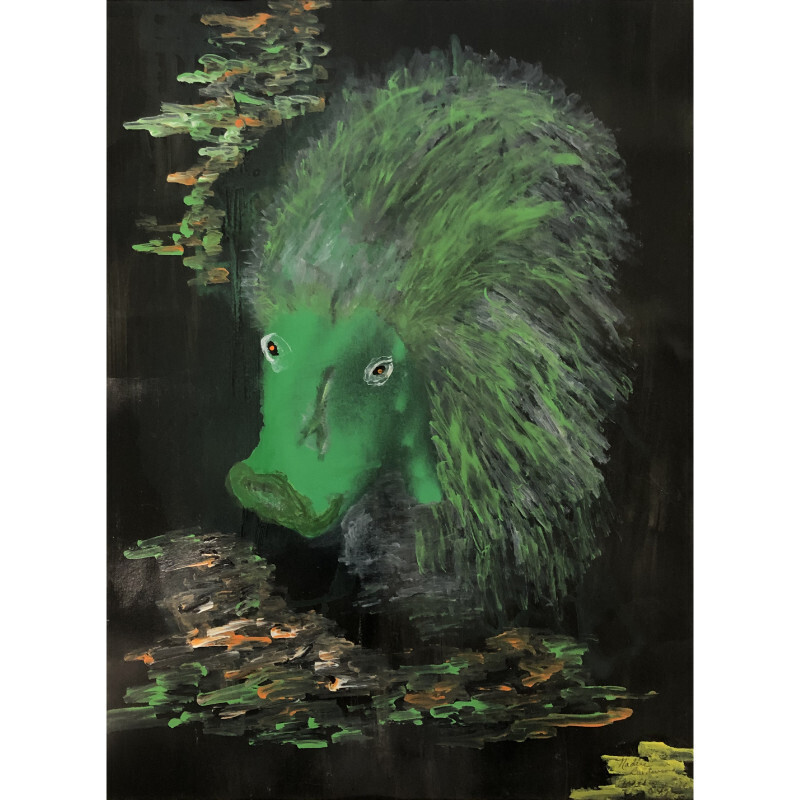 A vivid green hog stands center frame, its head turned at a 3/4 angle away from the viewer. The hog stands over a black background with an abstract landscape of greens, oranges, and dark grays that frame the subject. Brighter green brush strokes are painted in the lower right corner of the composition.