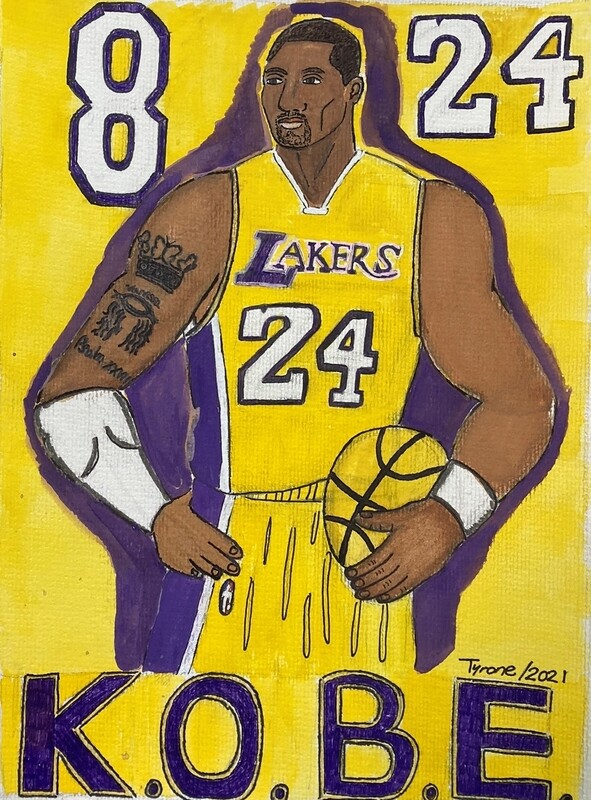 Kobe Bryant depicts basketball star, Kobe Bryant. Bryant stands with right hand on his hip and a yellow basketball in his right hand. He&#39;s wearing his yellow and purple #24 Laker&#39;s jersey with white arm bands. On his left arm are various tattoos. A purple shadow surrounds him. On the yellow background behind him are the white numbers 8 and 24 at the top and his name &quot;K.O.B.E.&quot; in purple at the bottom. The piece is signed Tyrone/ 2021. 
