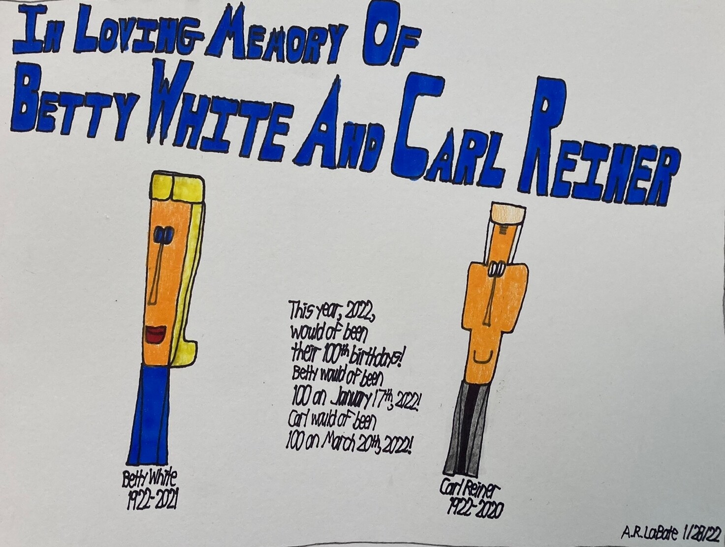 A blond haired woman and white haired man are smiling. Above says: &quot;In Loving Memory of Betty White and Carl Reiner.&quot;