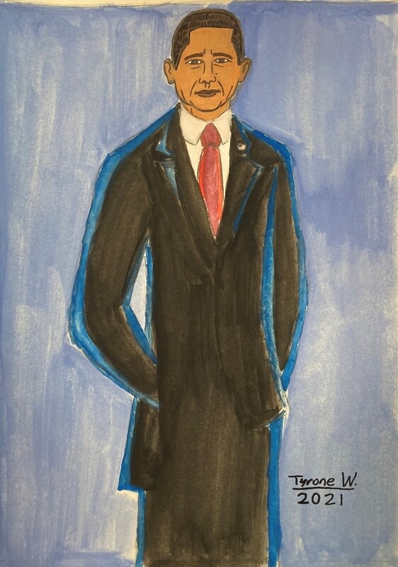 Barack Obama depicts former President Barack Obama. He stands in front of a blue background with his hands planted in his pockets. He wears a black suit, a red tie, and an American flag pin on his left shirt collar. The piece is signed Tyrone W. 2022.