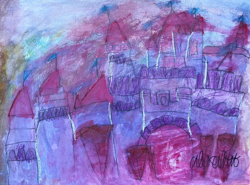 A purple castle stretches throughout the frame, with conical, magenta roofs for each tower in the castle, along with blue flags sitting on top of each roof. In the bottom right corner of the composition, the gate to entering the castle can be seen, which is colored magenta. The background is a multicolored palette of blues and pinks, and the linework for the castle bleeds into the background.