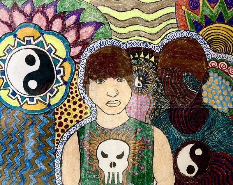 The subject of the piece is drawn standing from the elbows up, directly facing the viewer. He has short brown hair, green eyes, a nose piercing, and a dark green tank top that features a graphic of a skull with golden waves radiating out from behind it. To the right of him is a reflection of the subject, rendered in much darker colors of red, turquoise, and black, looking directly at the viewer as well. The portrait at the right of the frame is wearing a sleeved shirt that features wavy linework colored in stripes of turquoise towards the top of the shirt, along with a yin-yang symbol graphic in the center and darker stripes of red and black towards the bottom of the shirt. The red and black stripes are repeated throughout the portrait&#39;s face and neck, with a patch of small turquoise circles forming a pattern on the right cheek of his face. A larger yin-yang symbol can be seen on the lefthand side of the composition, framed within a circular pattern of various shapes in blues, yellows, and oranges. Pink petal shapes stretch out from the top of the yin-yang symbol&#39;s border, and blue and gold zig-zagging lines emanate from the bottom of the symbol. Similarly unique patterns are blocked throughout the negative space in the piece, separating the two portraits from each other. 