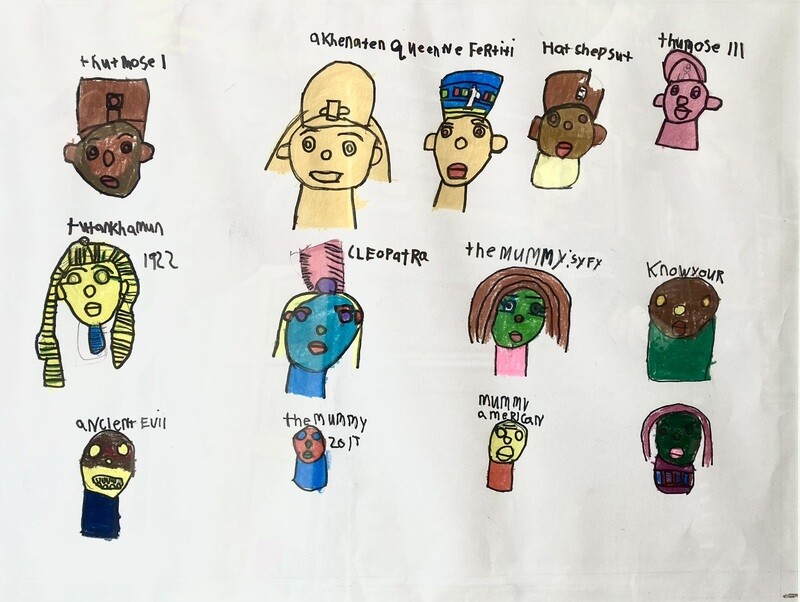 Who&#39;s Who in Ancient Egypt depicts the royalty of Ancient Egypt. On a white background it shows five portraits across the top row. The second and third row features 4 portraits each.  Featured portraits include mummies, Nefertiti, king Tut and Cleopatra.