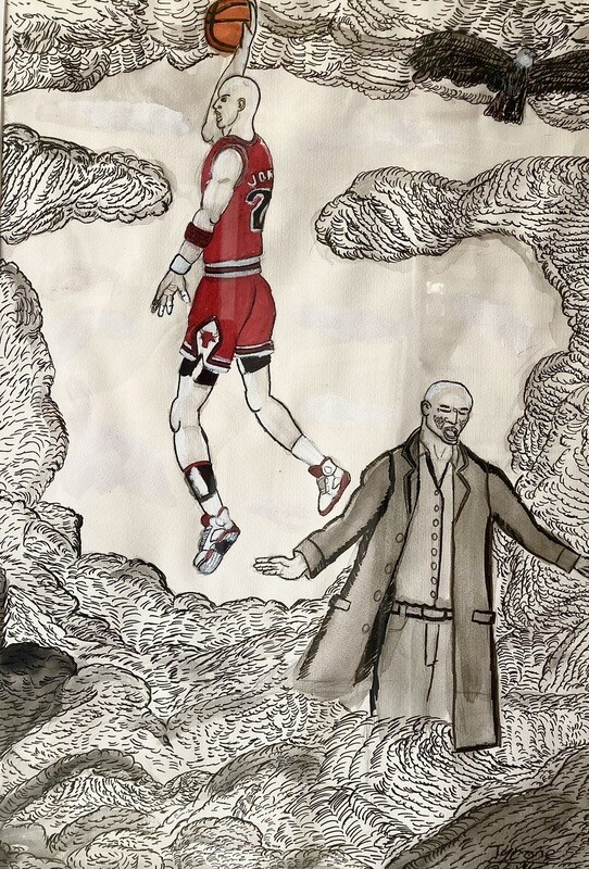 Michael Jordan &amp; Seal: Fly Like an Eagle is a black and white piece with pops of coloring showing the basketball player Michael Jordan and the singer Seal. Jordan is jumping through the clouds towards the left of the page. He has a basketball in his right hand and is in his red number 23 Chicago Bulls uniform. Below him is Seal in a trench coat with his arms out stretched towards the bottom of the page. Surrounding them are clouds and 
a flying eagle. 