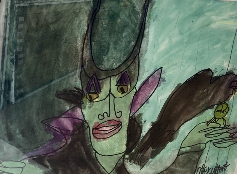 A shoulders-up drawing of Maleficent fills the frame over a two-toned green background. Maleficent has tall black horns, yellow eyes, arched eyebrows, and a black and purple cloak. She is drawn directly facing the viewer.