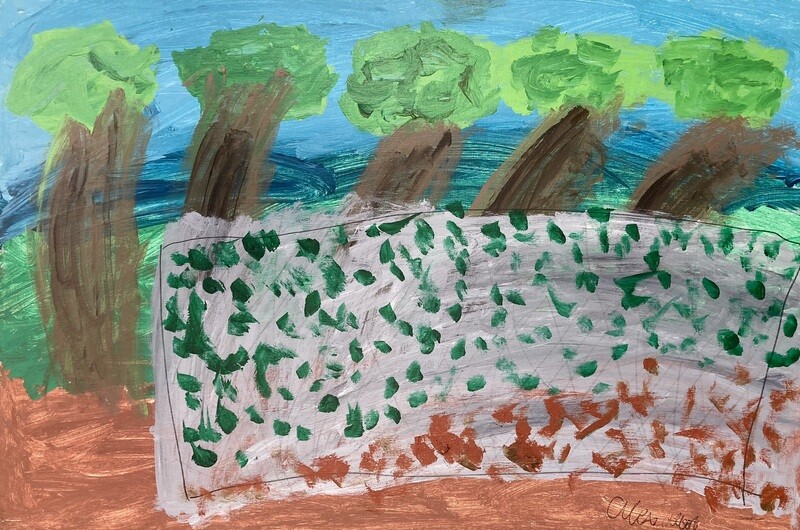 A painterly scene featuring five trees in a line along the foreground, each one progressively leaning more and more to the right as the line goes on. A sky of various shades of blue and a green hedge are behind the line of trees. In front of the trees is a gray wall covered in green leaves, with reddish-brown brush strokes towards the bottom of the wall. The ground below the trees and the wall is also reddish-brown.