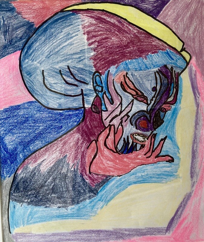 A portrait of a woman with an abstract tiger face fills the center of the composition. She has multiple stripes of blues, purples, and reds along and around her face, resembling the pattern of a tiger. Her cranium extends to the width of her shoulder, and it&#39;s blocked in solid red and blue colors. The woman is resting her chin in her hand, which is red in color and features pointed nails. A flowing background of streaks of blues, pinks, purples, and yellows frames the portrait.