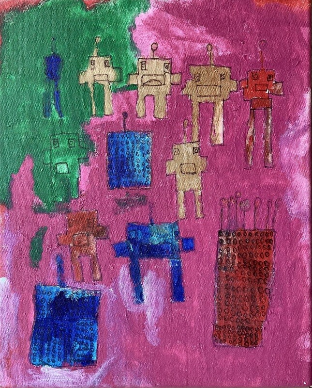 Robots depicts nine robots and three skyscrapers over a green and pink background. Starting from the top left is a blue blocky robot with two long legs. To the right, are three beige robots with the same build. Next to them, is a red robot of the same design. Below those robots are a green robot on the left, a blue skyscraper in the center, and a beige robot on the right. Under them is a red and blue robot and red skyscraper.  Under the red robot is a blue skyscraper. 