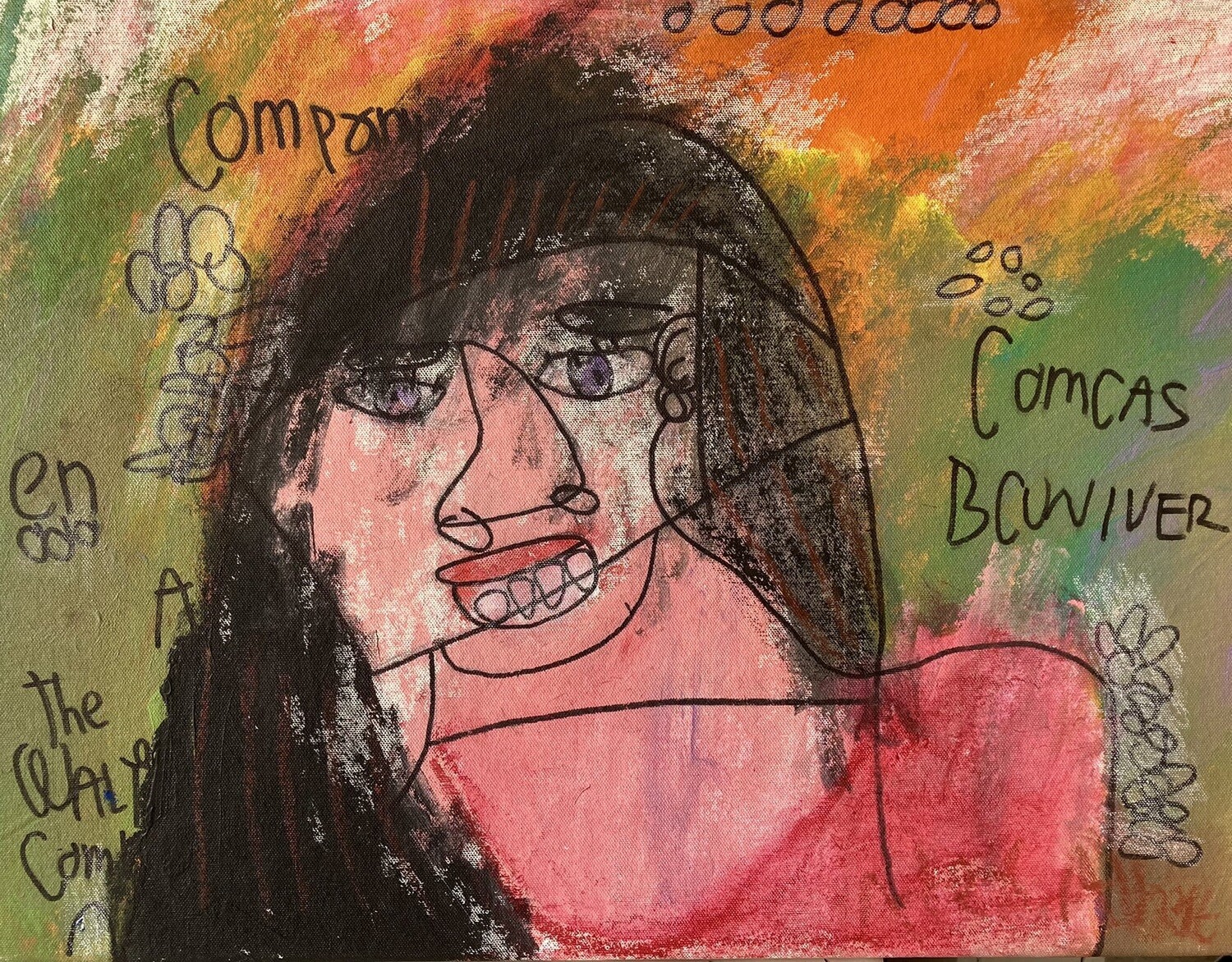 The subject of the portrait fills the center of the frame, and she is drawn from the shoulders up. She has long black hair, gray eyes, a hot pink shirt, and she is smiling at the viewer. Behind her is a background layered with greens, oranges, and some yellows. Lines of circles, wavy lines, and repeating text are placed throughout the background, framing her.