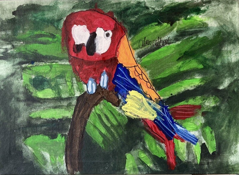 A colorful parrot fills the center of the composition in front of a background that’s striped with shades of bright green and dark green. The parrot has white spots on its face, red coloring along its head, and blocks of orange, blue, and yellow along its wings and body. It’s sitting on a thin brown branch, which is shown jutting out from the bottom edge of the frame.