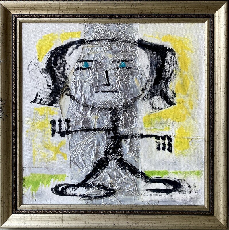 Within a three-dimensional frame, an abstract drawing of a figure stands center frame. The figure has chin-length hair, blue eyes, and a neutral expression. They are standing with their legs further apart and their arms outstretched, with three vertical lines to represent either hand. The drawing is primarily black and white, with yellow surrounding the outline of the figure and green near the base. A vertical stripe of foiled texture cuts through the center of the frame.
