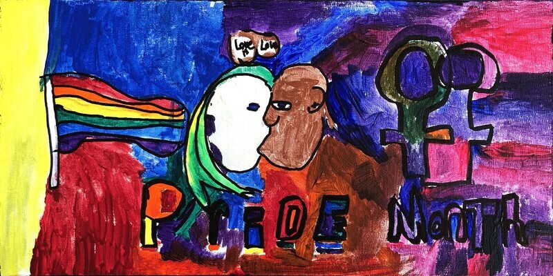 Two faces kiss in center frame, over a multicolored background layered with blues, pinks, reds, purples, and yellows. A pride flag waves to the left of the faces in the composition, while two female symbols stand to the right of the faces. The words &quot;Love is love&quot; floats above the two faces in the center, while the words &quot;Pride Month&quot; spans the bottom center of the frame.