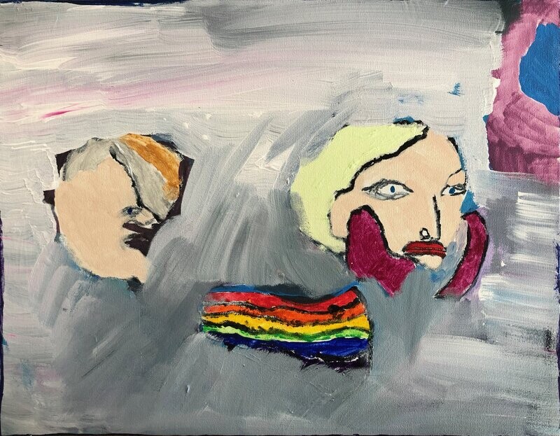 Over a multi-toned gray background, a pride flag sits centered positioned towards the bottom of the frame. To the upper right of the pride flag, a face with blonde hair and red lips floats over the background. Organic shapes filled with colors of beige, greys, blue, and purple can be seen in the center-left side of the frame, along with in the upper-right hand corner of the piece.