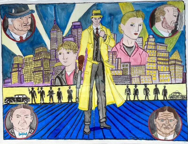 Dick Tracy depicts comic/ movie character detective Dick Tracy. On the center of the piece, Dick Tracy stands in his iconic yellow hat, black suit, and yellow coat with a machine gun in his right hand. Behind Tracy is the city scape with floating busts of his companions the Kid and Tess Trueheart. Below them are the silhouettes of the mobsters after Tracy. In the four corners of the piece are the notorious mob bosses from the series. The top left wears a blue hat and suit and smokes a cigar. The top right wears a green suit has a read beard. He smokes a cigarette. The bottom left wears a green bowtie and has his hair parted down the middle. And the bottom right wears a brown suit and has a heavy brown line. The piece is signed Tyrone 2014.