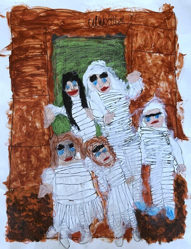 Five people, two adults and three children, stand in front of a doorframe in the center of the composition, wearing mummy costumes. The door behind them is green, and the surrounding doorframe that frames the composition is colored reddish-brown. Beyond the edges of the doorframe, the background is white.