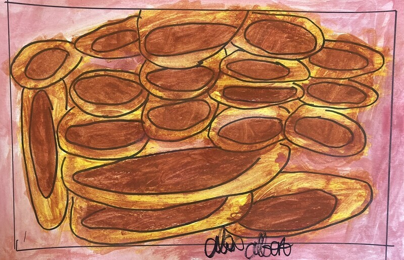 A large array of hot dogs fills the frame in various lengths and sizes. The hot dogs at the bottom of the pile are long in length, while the hot dogs at the top of the pile are shorter. They are sitting on a reddish-pink background.