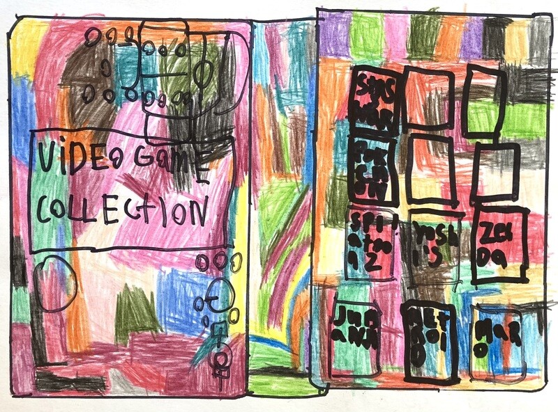 2 large rectangles filled with shapes of colors done with color pencil.   The first section has colors of shades of yellows, blues, and reds,  pinks and black.  Over the top is a large square, written in is Video Game Collection in black sharpie.  There is an outline of a video game controller.  On the second rectangle, on top of more colored pencil squares are 9 sharpie squares.  Inside the titles of several games are written.