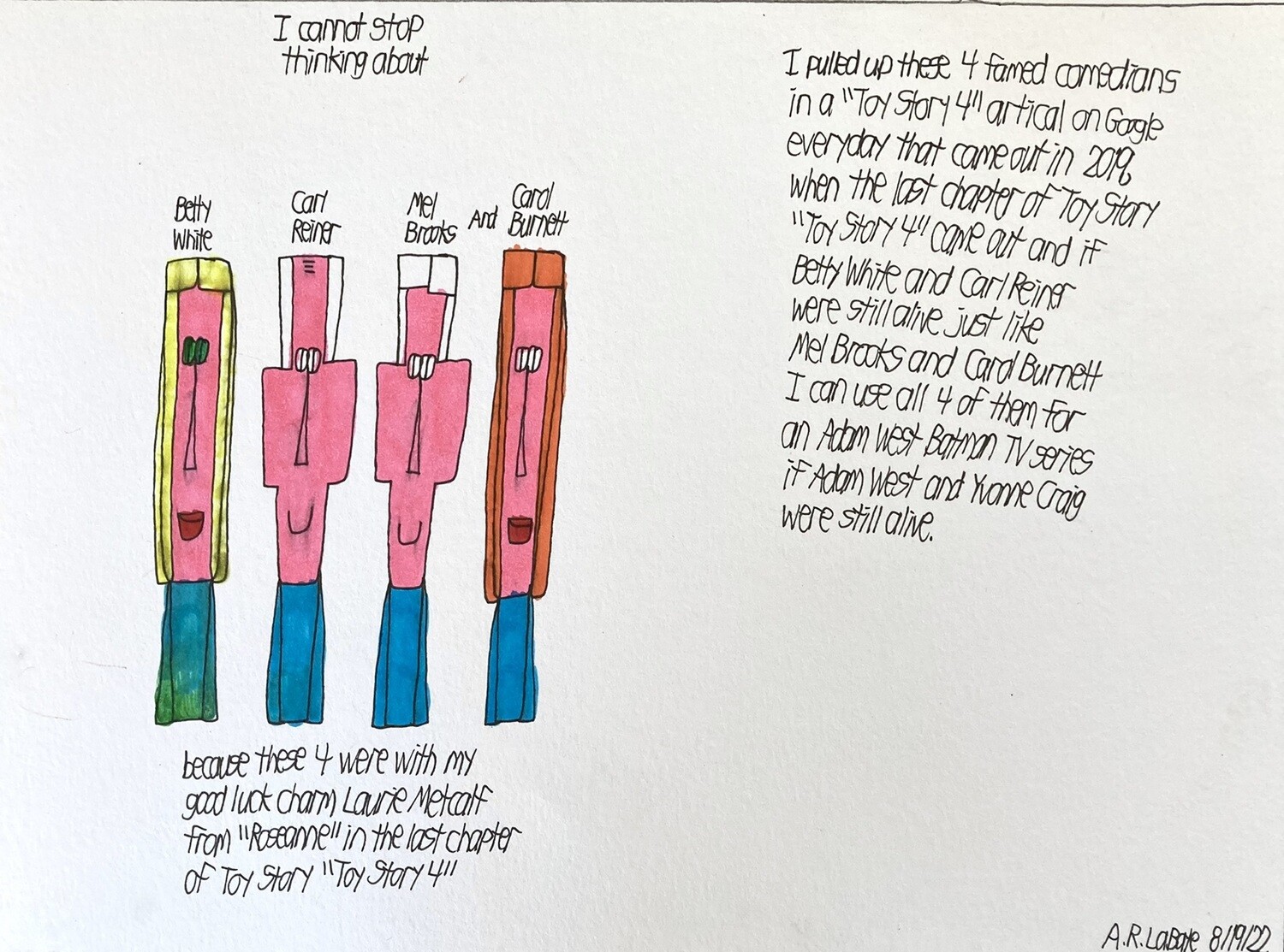 4 pink people: a blond &amp; red haired woman, &amp; 2 white haired men are smiling. At the top says: &quot;I Can Not Stop Thinking About&quot;