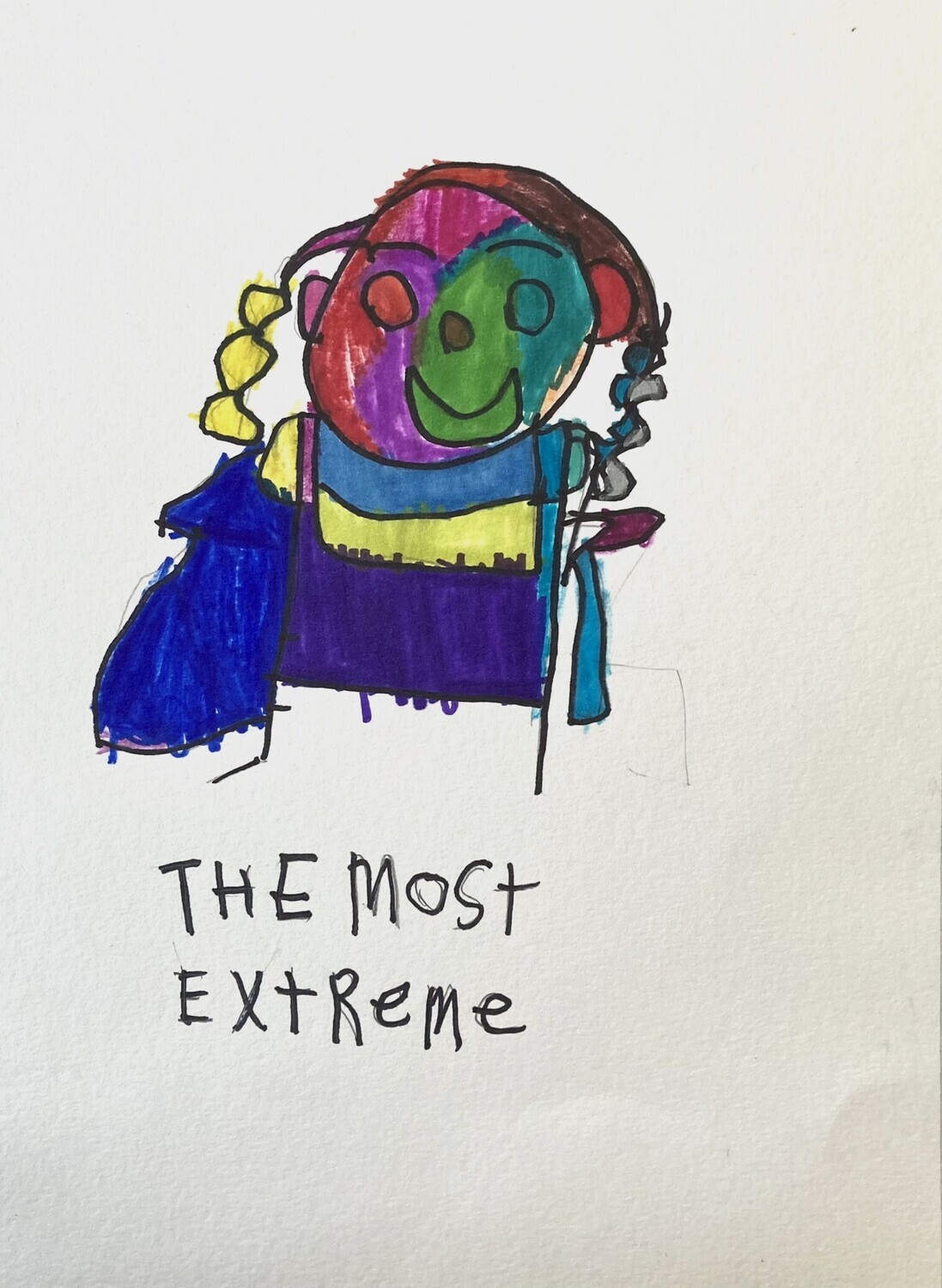 On a white background there is a colorful figure of a girl.  She has a a pink forehead, a green center of face with purple and pink on the left side and teal on the right.  she has a yellow braid on left and teal and grey on right.  she is wearing a shirt with denim blue top and yellow underneath.  The rest of her outfit is indigo. Below the figure it says &quot;The Most Extreme&quot;. 
