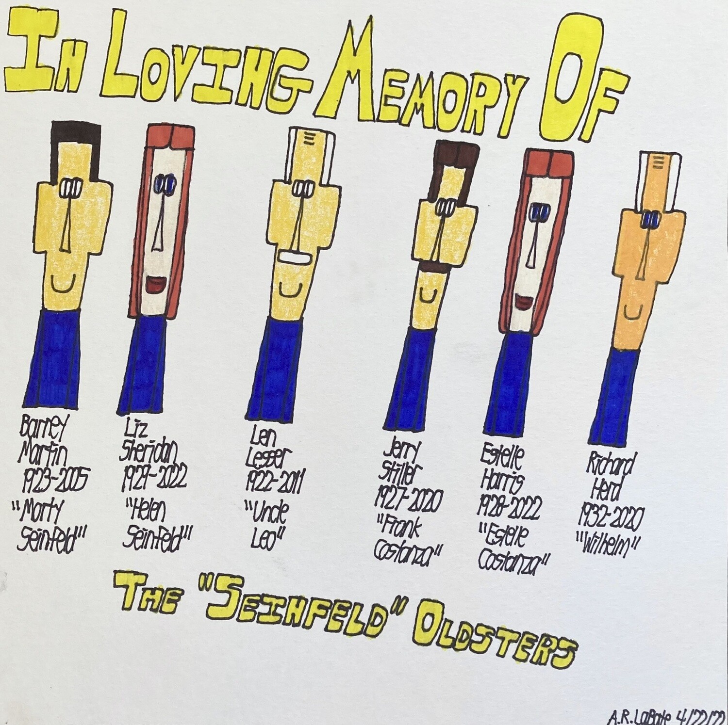Two red haired women, 2 white haired men &amp; 2 brown haired men are smiling. &quot;In Loving Memory of the &#39;Seinfeld&#39; Oldsters&quot;