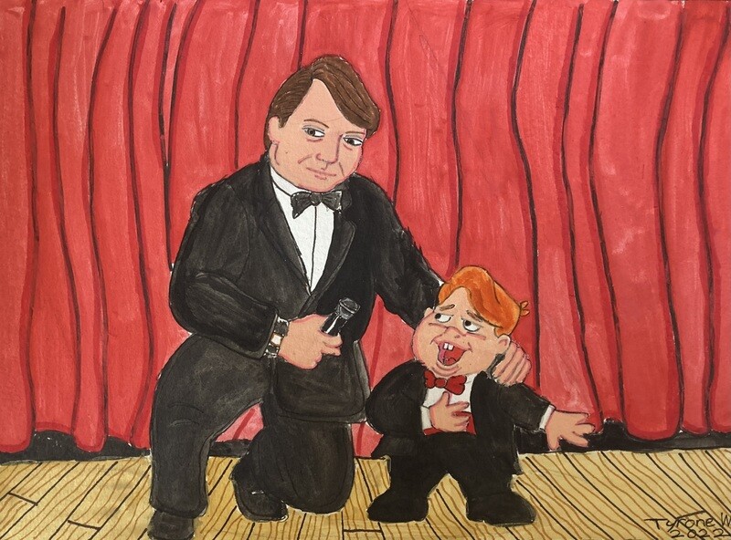 Big Louie with Little Louie depicts comedian Louie Anderson and his animated version from the 1994 animated series Life With Louie. Set on a stage with a large red curtain, Louie kneels next to animated Louie. His left arm lays over the others shoulder, while his other hand holds a microphone. He wears a black suit and bowtie. The animated Louie has his face turned to real Louie, with his right hand on his chest and his left hand outstretched. He wears a black suit and a red bowtie. The piece is signed Tyrone W 2022.