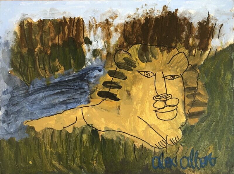  A lion lies on its stomach with its front legs in front of it, looking just ahead of the viewer. Its mane is stylized as thick, dark brown horizontal stripes along the edges of the lion’s head. It’s lying on top of dark brown grass, in front of a landscape with tall grass and a body of water visible at the left of the frame just behind the lion. The sky behind the scene is a bluish-white, contrasting the darker colors of the landscape.
