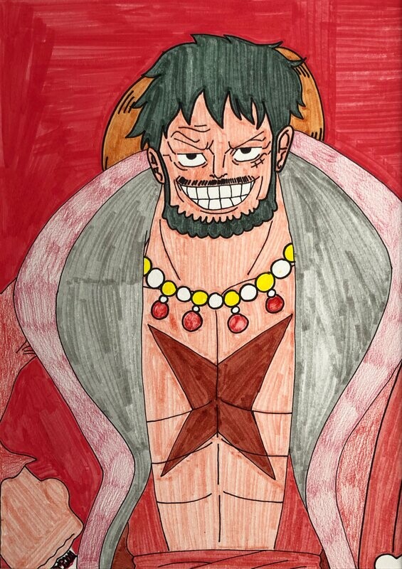 The titular character, Monkey D. Luffy, fills the center frame as he is drawn from the torso up. With a straw hat at the back of his head, he has short black hair and short black facial hair. Monkey D. Luffy is smiling at the viewer, and the &quot;X&quot; scar on his chest can be seen through the opening in his red cloak. The cloak features a large gray collar around his neck and upper torso. Monkey D. Luffy is drawn in front of a red background.