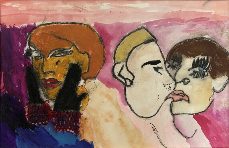 Three faces sit center frame in the composition. The figure furthest on the left has short auburn hair, red lips, eyeliner, and long black gloves. The two faces on the right side of the piece are turned towards each other in a kiss. The center face has short blonde hair and the rightmost face has short brown hair, blue eyes, pink lips, and long black eyelashes. The three figures sit over a multicolored background layered in oranges, pinks, and purples.