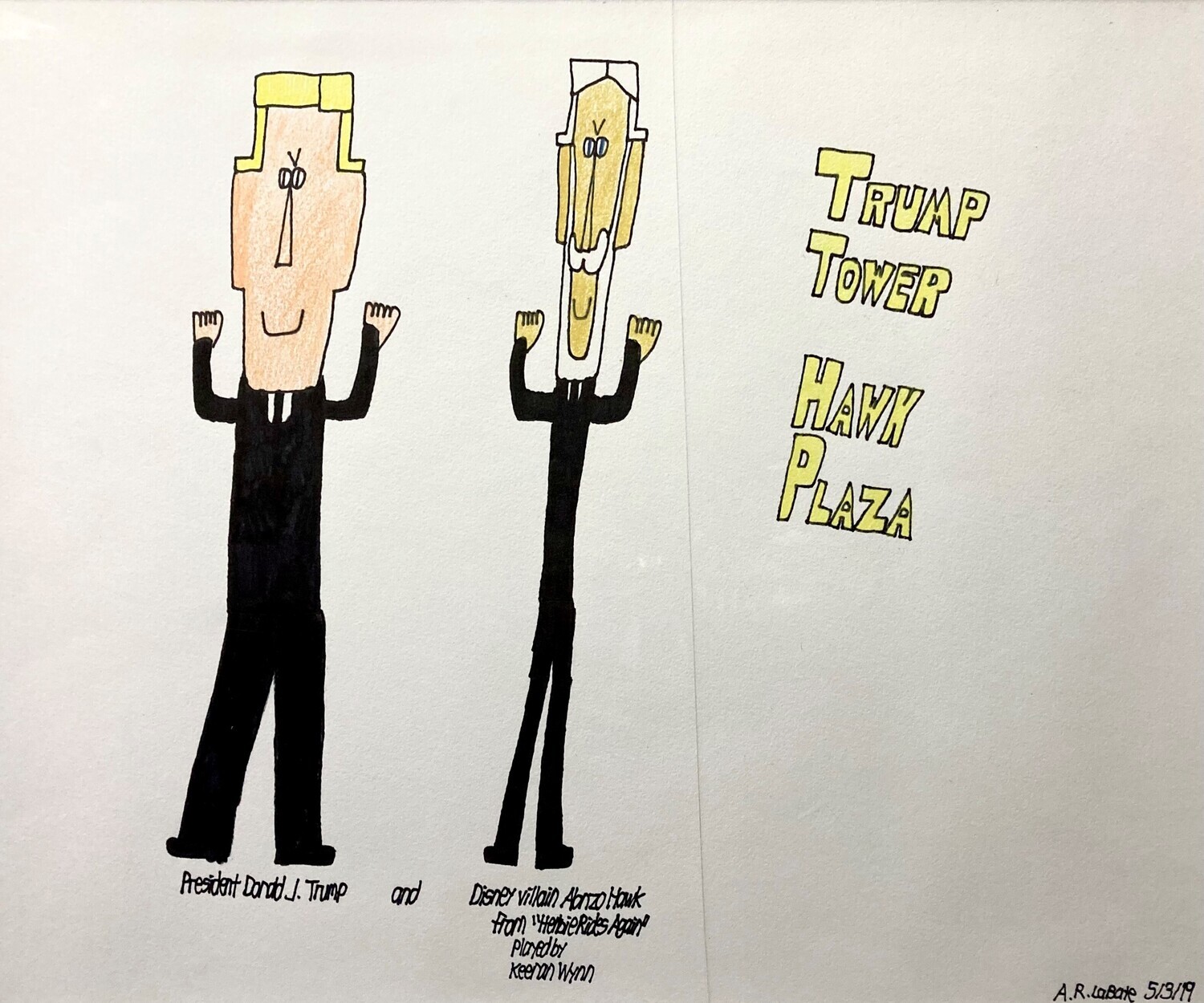 Drawing of Donald Trump smiling next to a white haired man with a beard and mustache. In yellow text &quot;Trump Tower Hawk Plaza&quot;