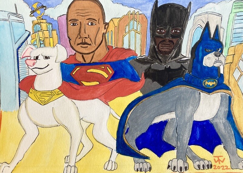 Dwayne Johnson as Krypto the Superdog &amp; Kevin Hart as Ace the Bat-Hound depicts Dwayne Johnson as Superman and Kevin Hart as Batman, with the animated superpets they voice in front of them. In the background is the fictional city of Metropolis, home of Superman. In front of the city are floating busts of Dwayne&#39;s Superman (left) and Kevin&#39;s Batman. Below them is Krypto (left), a white dog with a red nose who wears a red Superman cape, and Superdog (right), a grey and white dog who wears a blue Batman mask and cape. The piece is signed TW 2022. 