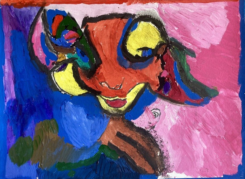 An abstract portrait of a red face looking downwards towards the bottom edge of the composition. The face includes multicolored, organic shapes around the head, with vibrant shades of yellow, green, pink, blue, purple, and orange. Larger organic shapes in darker colors of blue, brown, green, and orange meet the background, which is split into halves of blue and pink.