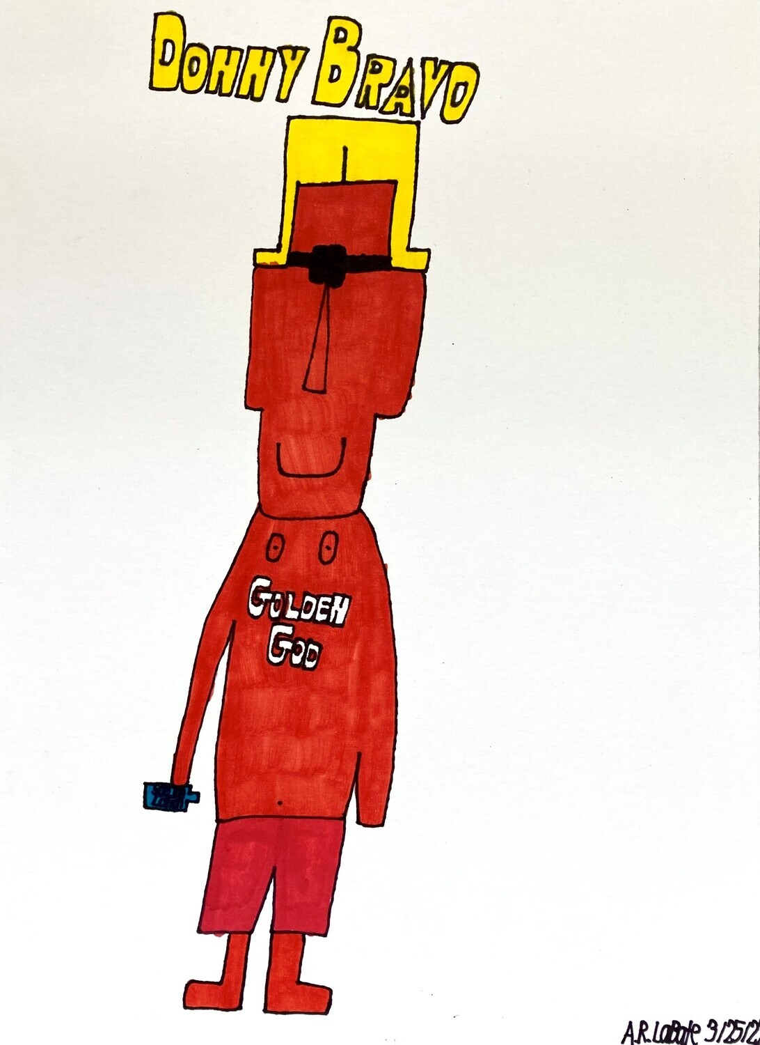 Yellow text &quot;Donny Bravo.&quot; A red blonde man with a red shirt and white text saying &quot;Golden God&quot; is smiling with sunglasses.