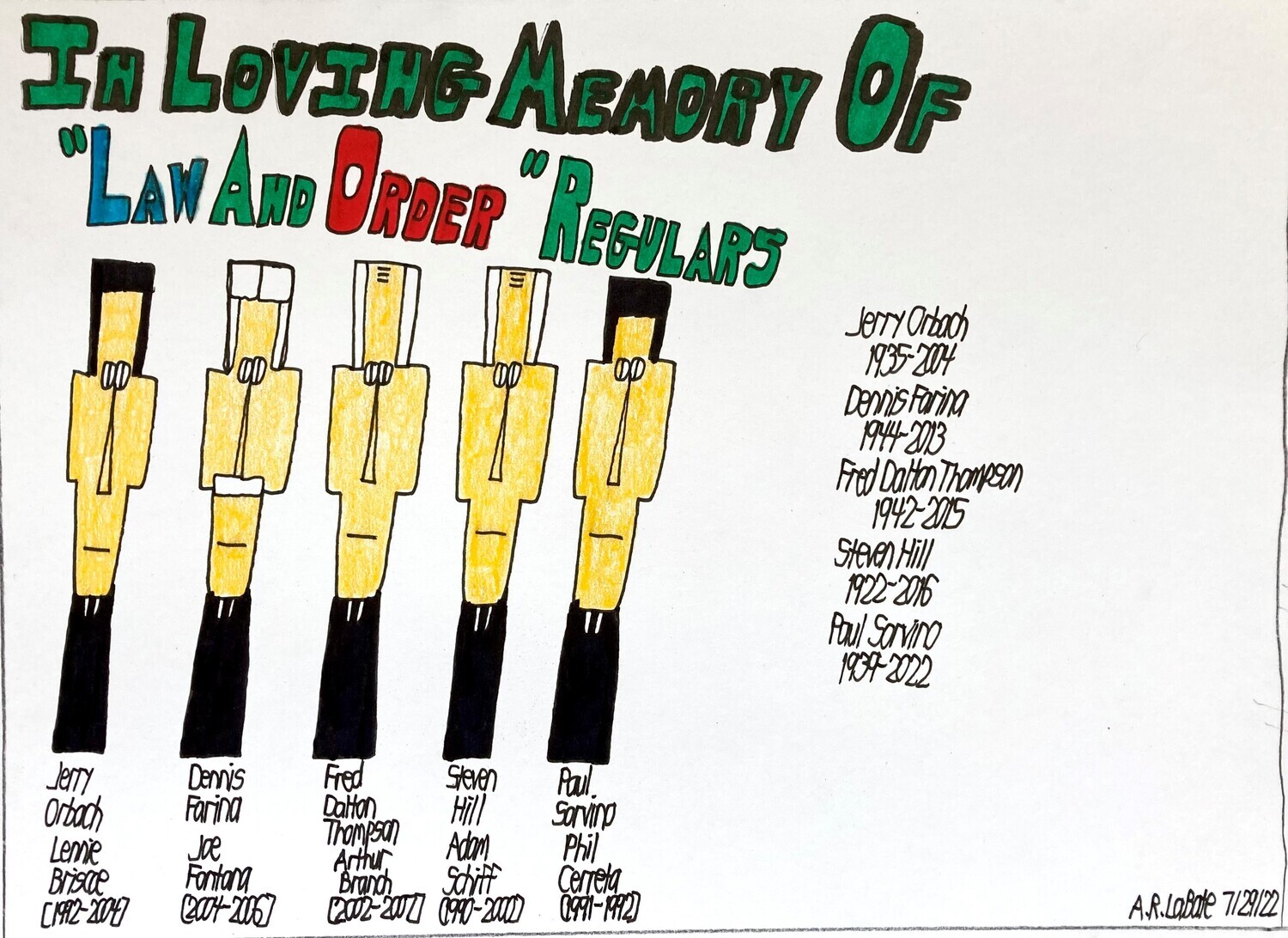 2 black haired &amp; 3 white haired men in black suits under the words &quot;In Loving Memory of &#39;Law and Order&#39; Regulars.&quot;