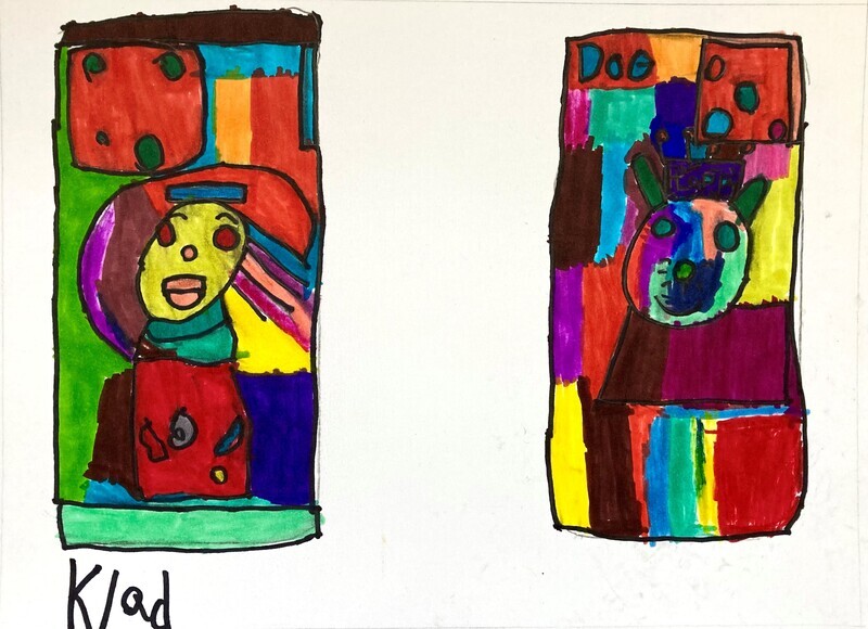 Image shows 2 long rectangles that are not connected.  They are filled with colorful smaller rectangles.  The first image shows a colorful face over the top of the rectangles.  Under it is says Klad.  The 2nd rectangle has a coloful dog face over the top of the rectangles, the upper left corner says Dog.  